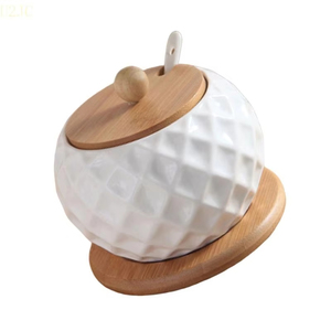 Botes de cilindro de cerámica de cocina con estilo hecho a mano U2JC con tapas de bambú tarro de almacenamiento de especias - Product Image 1