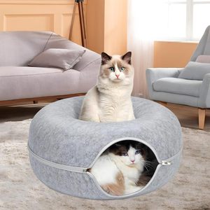 Collapsible Donut <b>Cat</b> Tunnel Bed Anti-Anxiety Felt <b>Cat</b> Cave for Small Dogs Pet Bed with Solid Pattern - Product Image 1