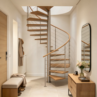Escalier droit en acier avec rampe et marches en bois, design moderne de qualité supérieure, éclairage LED intégré
