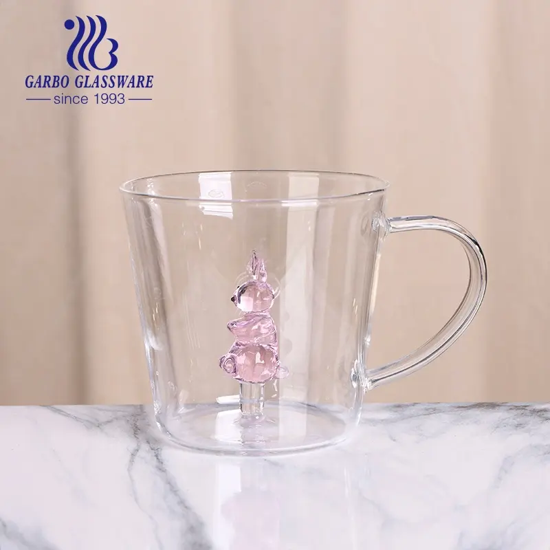 온수 차 커피 머그잔에 대한 맞춤형 틈새 3 차원 만화 토끼 유리 컵 높은 붕규산 내열성