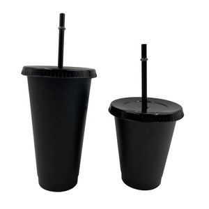 Wholesale 16oz 24oz Black Cold Cup Tumbler BPA Free Reusable Plastic Cup With Lid And Straw Cold Drink Plastic Cup