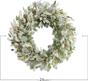 24 Inch Summer Spring Ivory Flowers Wreath For Front Door Rustic AndFarmhouseGreenery Flower Wreath