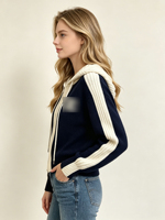 Cardigan à capuche zippé en maille colorblock pour femme, manches longues, style décontracté streetwear, automne-hiver, vente en gros, OEM personnalisé