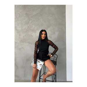 Blouse en tissu ottoman pour femme, manches longues, avec superposition transparente, style minimaliste, haut en maille pour le quotidien - Product Image 3