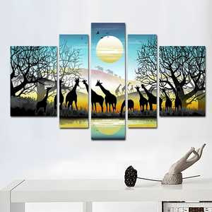 5 mảnh HD vải in phong cảnh Châu Phi Safari nhóm sơn phòng trang trí Poster hươu cao cổ voi Châu Phi đồng cỏ hình ảnh vải - Product Image 2