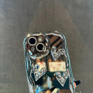 Sang Trọng Mạ Điện Gương Nước Gợn Tình Yêu Trái Tim Bạc Trường Hợp Điện Thoại Cho <span class=keywords><strong>Iphone</strong></span> 16 15 14 13 12 Pro Max Với Sóng Biên Giới Bìa - Product Image 5