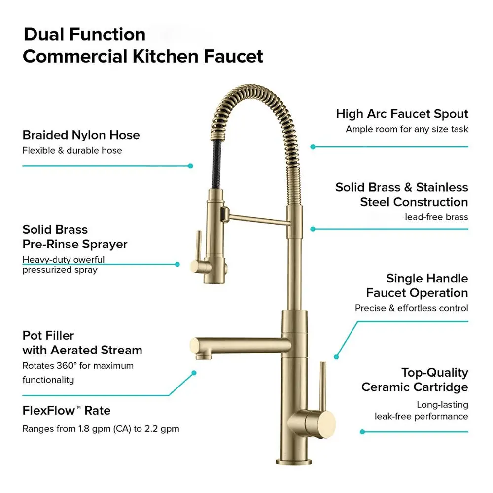 Golden cUPC Kitchen Faucet Spring Pull Down Dual Outlet Spouts 360 Swivel Handheld Shower Kitchen Mixer