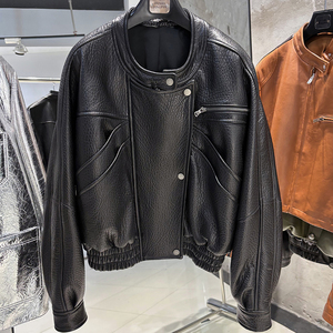 Veste en peau de mouton véritable de haute qualité, veste bomber en cuir véritable surdimensionnée pour femmes, automne - Product Image 3