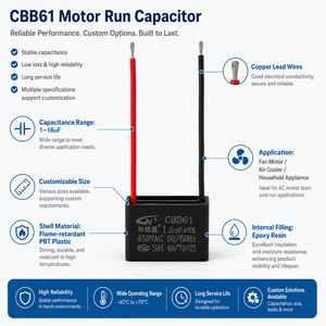 ตัวเก็บประจุแบบฟิล์มโพลีโพรพิลีน <span class=keywords><strong>CBB61</strong></span> ซีรีส์ 0.47uF-25uF 450V <span class=keywords><strong>50</strong></span>/<span class=keywords><strong>60Hz</strong></span> (พร้อมสายไฟ) ซ่อมแซมตัวเองได้ ESR ต่ำ สำหรับไฟฟ้ากระแสสลับ - Product Image 4