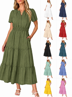 Nouvelle arrivée, robe midi brodée à manches courtes et col en V, style européen et américain, pour femmes, robe décontractée pour les vacances d'été, ODM/OEM