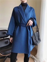 Manteau long en cachemire double face pour femme, style vintage, ceinturé, épais et chaud, pour l'hiver