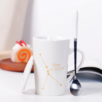 Mug à café en céramique à motif doré 12 constellations vintage à prix avantageux, 320 ml, Jimo JM448, couleurs blanc et noir, cadeaux