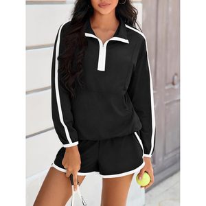 Ensemble de survêtement 2 pièces pour femmes, haut à manches longues à col en V zippé, short décontracté respirant, tenue de printemps - Product Image 2