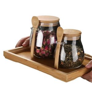 Food Container Glass Customized Food Storage Container With Spoon Kitchen Glass <b>Jar</b> Glass <b>Spice</b> <b>Jar</b> Bamboo Wooden Lid - Product Image 1