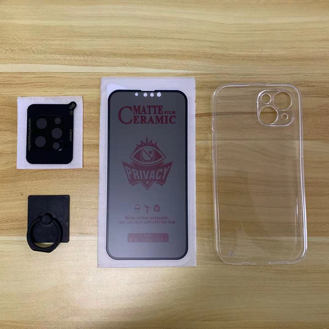 4in1 Set Phone Case+Privacy Frosted Ceramic Film Mica+3D Camera Lens Glass Protector+Ring Bracket for IPhone14 11 12 13 Pro Max
