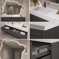 Meuble-lavabo mural de salle de bain moderne de luxe cannelé avec vasque et miroir LED irrégulier pour projet hôtelier