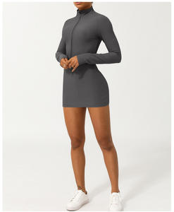 女式瑜伽一体式连衣裙健身锻炼性感罗纹拉链前长袖腹部控制紧身弹力上衣迷你连衣裙 - Product Image 3