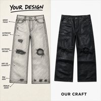 Jean baggy personnalisé 15oz pour homme, coupe large, en denim noir enduit de cire, déchiré et vieilli, fabriqué par le producteur