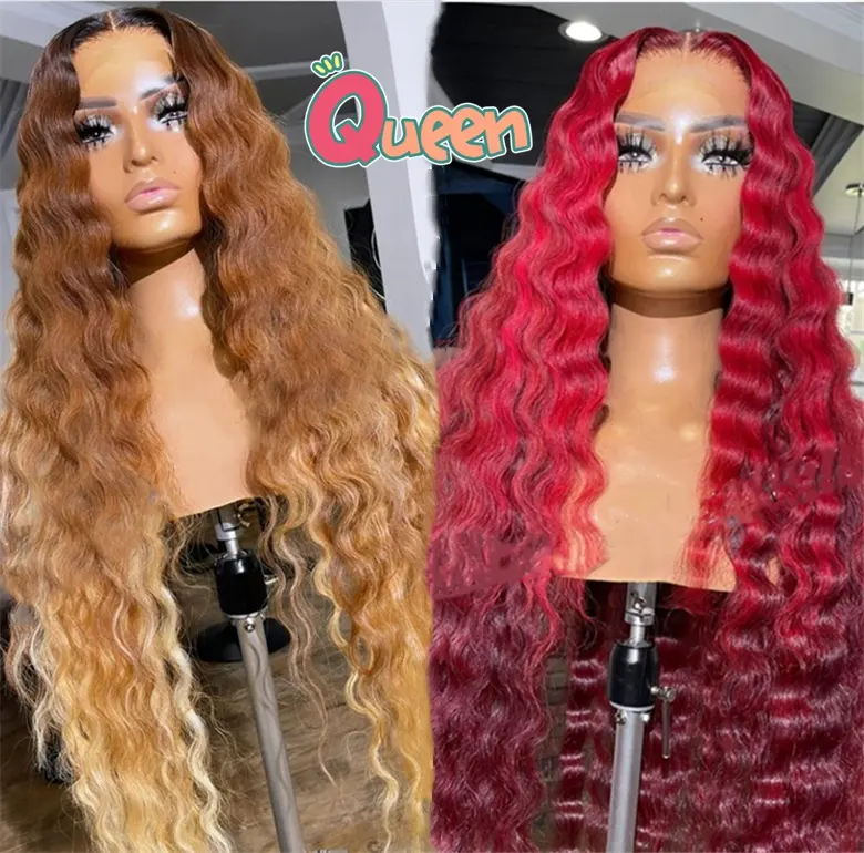 Trend Queen Wig Red Brown Color Deep Wave Remy Cuticle Aligned Full Human Hair Lace Front Wigs For Black Women
