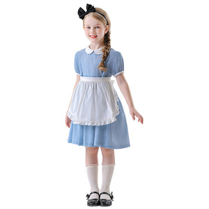 Robe de princesse Alice, costume de demoiselle d'honneur en vichy bleu pour filles de 8 à 13 ans, tenue de cosplay de scène avec tablier et bandeau - Product Image 5