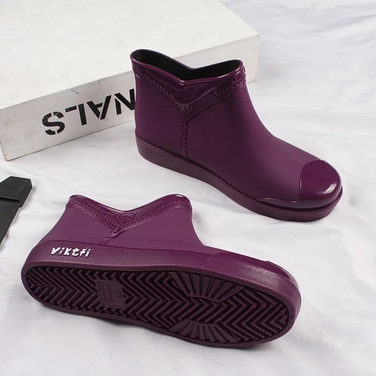 Solid Color Women Four Seasons Pvc Waterproof Shoes Flat Low Tube Ankle Boots Rain Boots