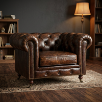 Canapé Chesterfield contemporain en bois massif et cuir véritable, idéal pour les appartements, une place, pour salon