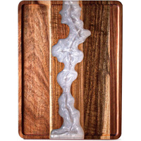 Plateau de service rectangulaire en bois d'acacia et résine blanche 15,7x11,7 pouces pour charcuterie, décoration de table basse