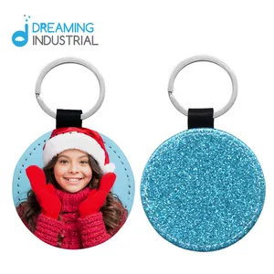 Hoge Kwaliteit!! Aangepaste Lederen Glitter Sublimatie Ronde Sleutelhanger/Sublimatie Leeg Pu Sleutelhanger Ronde