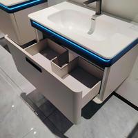 Meuble de salle de bain mural moderne avec capteur intelligent, en panneau de résine, avec lavabo en céramique