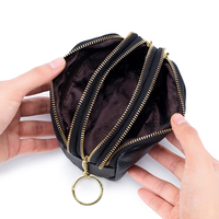 Dompet koin tiga ritsleting wanita kulit sapi Full Grain asli untuk wanita dompet tempat kartu kecil warna-warni dengan gantungan kunci