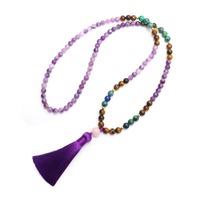 Collier de perles Mala 108 faites à la main en améthyste naturelle avec pendentif en alliage, ensemble collier et bracelet Chakra pour la prière, la méditation et le yoga