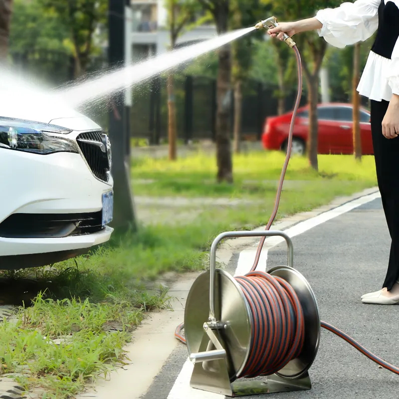 Draagbare Kleine Roestvrijstalen Metalen Kar Intrekbare Pvc Tuin Waterslang Pijp Haspel Met Kar Voor Carwash Tuinieren