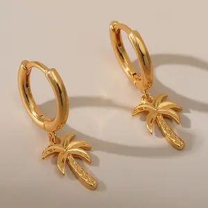 2023 Trending Hypoallergenic Chunky Hoop Earrings Luxury Geometric Unique Coconut Tree Earrings Gold Plated Gua Brass for Women