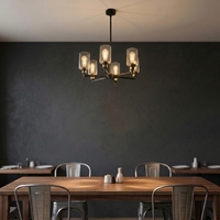 Lustre suspendu industriel vintage à 6 têtes, en fer noir mat, avec abat-jour en verre transparent, base E26 pour l'éclairage décoratif de la maison