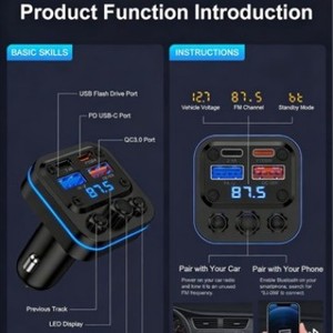 Cargador de Coche con Reproductor MP3 Bluetooth, Adaptador de Encendedor de Cigarrillos con Carga Rápida PD de 20 W, Radio FM y Pantalla - Product Image 3