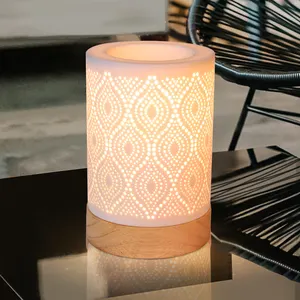 Custom Hollow Out Wax Melt Elektrischer Keramik ölbrenner für Aroma wärmer Handwerk Moderne Duft lampen mit Holz sockel