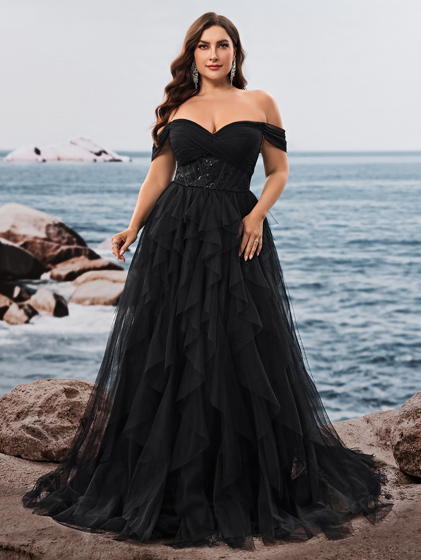off the shoulder high slit maxi dress in black Off Shoulder Beaded Black Lace Long Prom Dress with High Slit, Off the –  abcprom main image 1