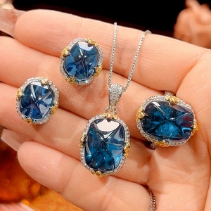 Wholesale Refined Eco-friendly Copper Gold Plated Sugar Loaf <b>Blue</b> Zircon <b>Necklace</b> & Earring Set for Women Party Occasion - Product Image 3