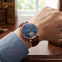 Montre mécanique automatique OEM ODM, tourbillon, mouvement 8215, or rose, marque privée, multifonction, jour, mois, date, bracelet en cuir