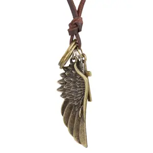 VRIUA New Arrival Trendy Fashion Unique Handmade Alloy Angel Wing Pendants Men Leather Necklaces Jewelry For Men