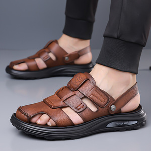 Men's Genuine Leather Flat Sandals Open Toe Rubber Outsole Anti Slip Casual <b>Beach</b> <b>Shoes</b> - Product Image 2