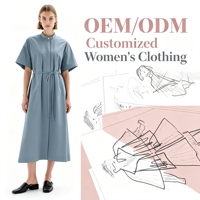 Robe chemise mi-longue OEM ODM tendance pour femme, bleu-gris, boutonnée sur le devant, col montant, manches courtes, taille nouée, pour tenue décontractée ou de bureau