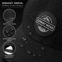 Casquette de baseball noire personnalisée, maille perforée découpée au laser, imperméable, visière incurvée, réglable, snapback, chapeau de sport, vente en gros, OEM, faible MOQ