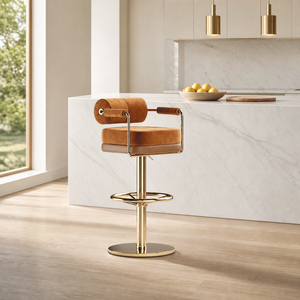 Taburete de Bar Moderno de Gamuza con Respaldo Curvo y Estructura de Acero Inoxidable 304 Dorado, Silla de Comedor Ajustable en Altura para el Hogar, Fabricación Personalizada - Product Image 5