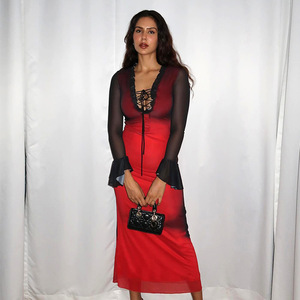 Vestido de mujer europeo-americano de moda primavera-verano 2025 con volantes de cinta, ajustado, de malla transparente, con manga acampanada y falda larga cruzada - Product Image 2