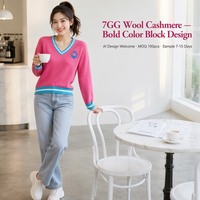 Pull en laine et cachemire 7GG personnalisé OEM pour femme, col en V, à rayures et blocs de couleur, vente en gros, marque privée, faible MOQ, échantillon rapide