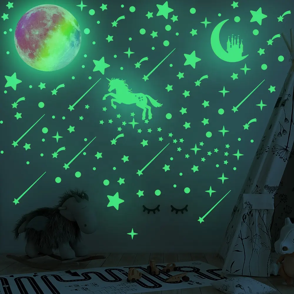 297pcs बच्चों हटाने योग्य चंद्रमा सितारे चमक में अंधेरे स्टीकर रात चमकदार कमरे की दीवार Decal पर्चा
