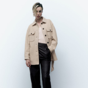 Usine Offre Spéciale Chemise Col Unique Poitrine Droite Ceinture réversible De Femmes De Laine Manteau Veste - Product Image 1