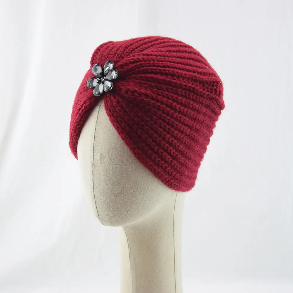 HZM-24160 Thời Trang Cổ Điển Mùa Đông dệt kim Acrylic Turban hat với Rhinestone cho phụ nữ