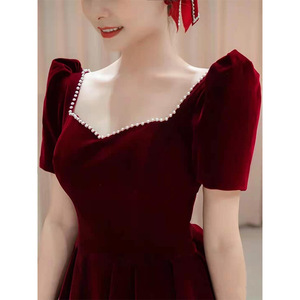 Velvet Evening Gown Square Collar Puff Sleeve Burgundy Formal Dress Vintage Style Women's Long Dress - Product Image 4